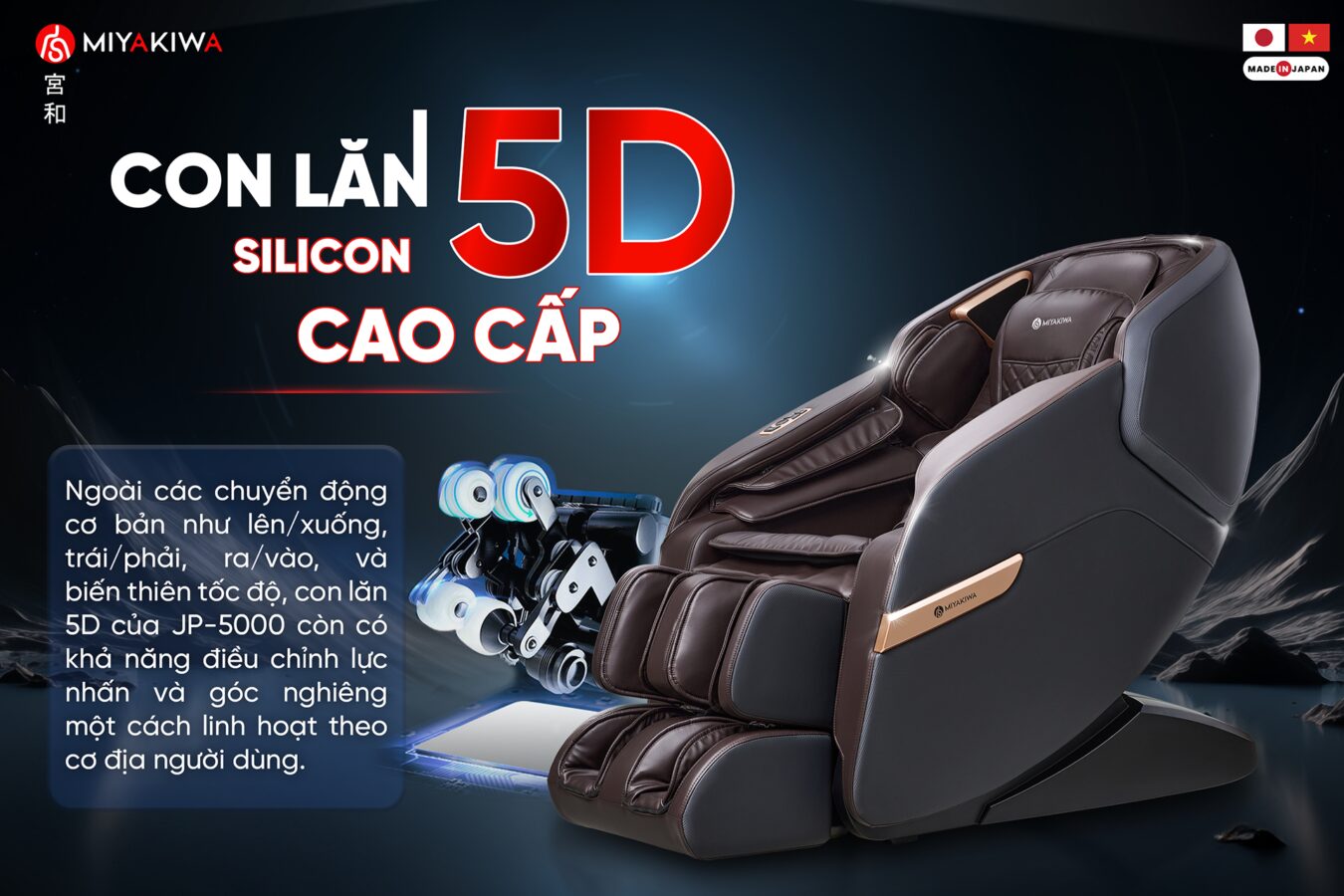 ghế massage nhật bản miyakiwa JP-5000 với con lăn massage 5D silicon cao cấp